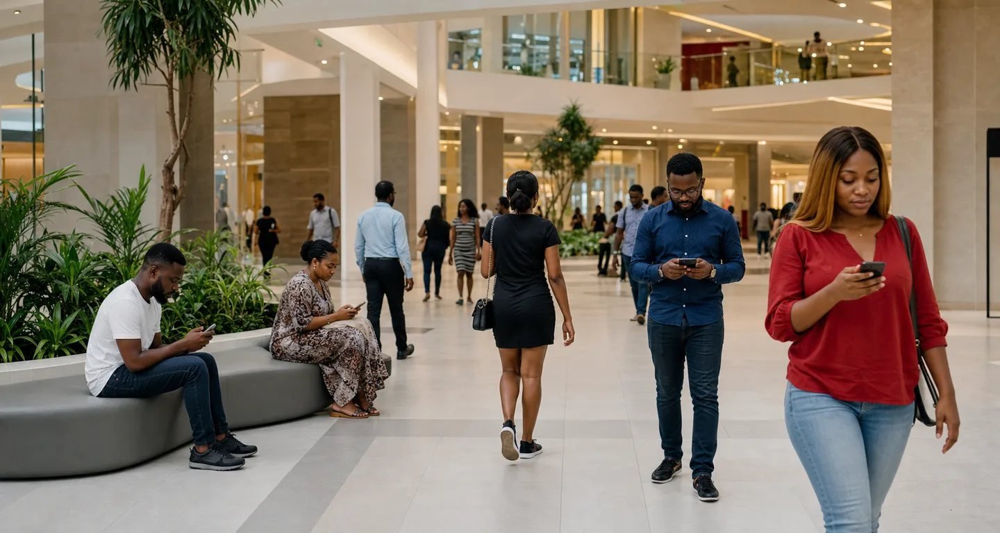 Visitors using mobile phones in a modern shopping mall